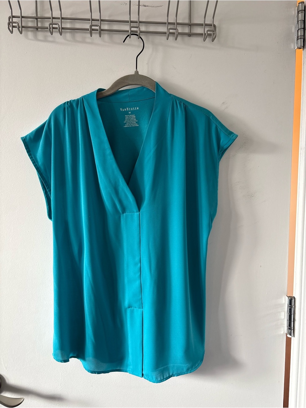 Van Heusen Turquoise V-Neck Cap Sleeve Blouse